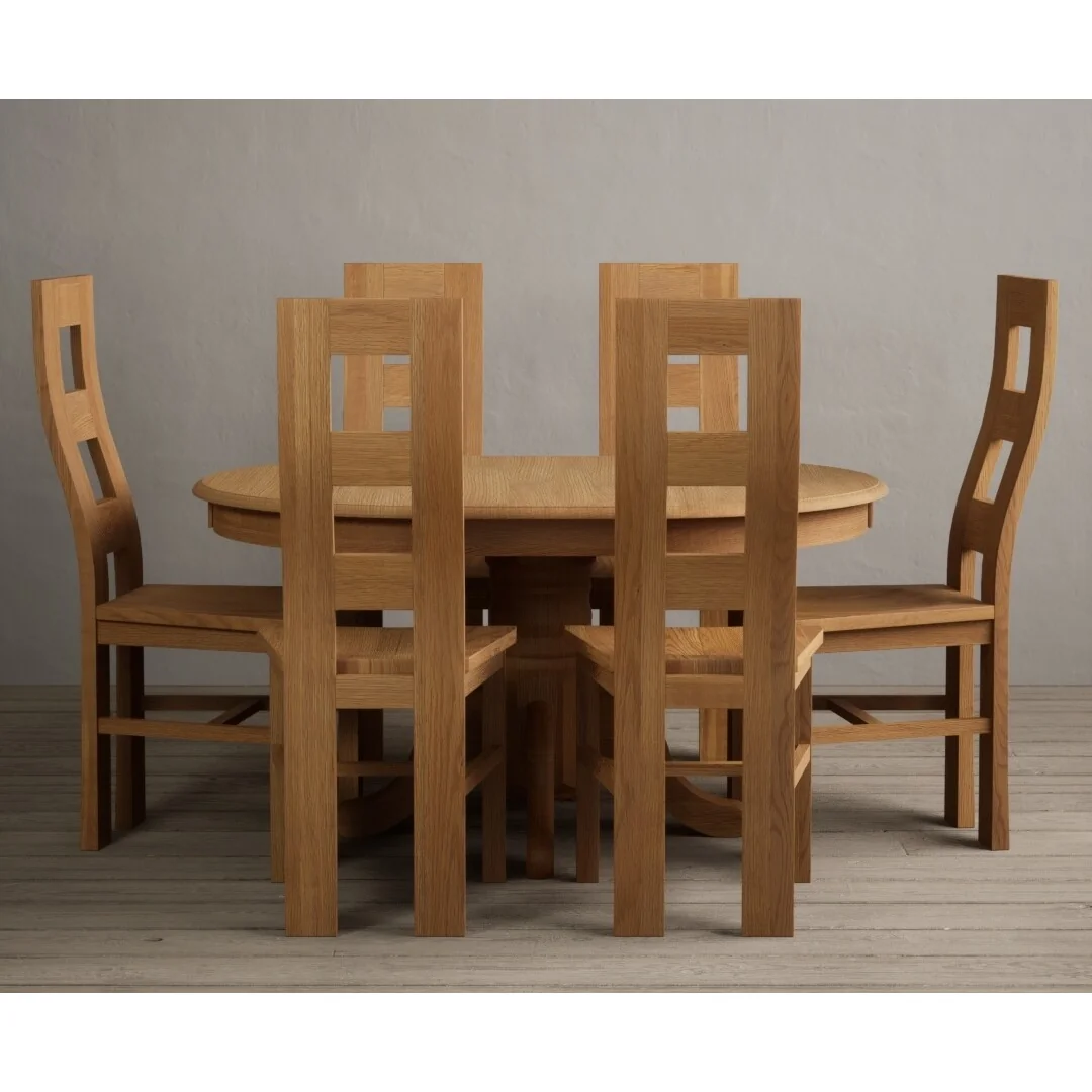 Extending Hertford 100cm - 130cm Solid Oak Pedestal Dining Table with 6 Oak Natural Chairs – image 3