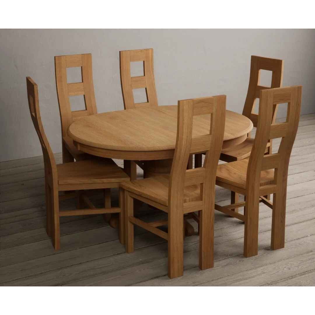 Extending Hertford 100cm - 130cm Solid Oak Pedestal Dining Table with 6 Oak Natural Chairs – image 4