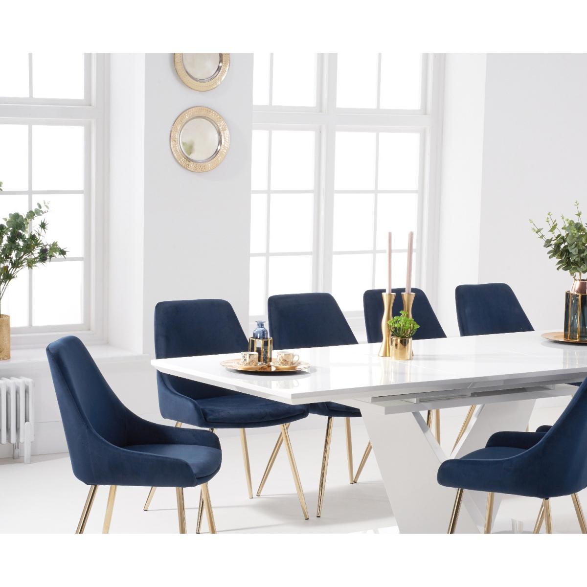 Vittorio 160cm White High Gloss Extending Dining Table With 8 Blue Lola Velvet Chairs – image 2