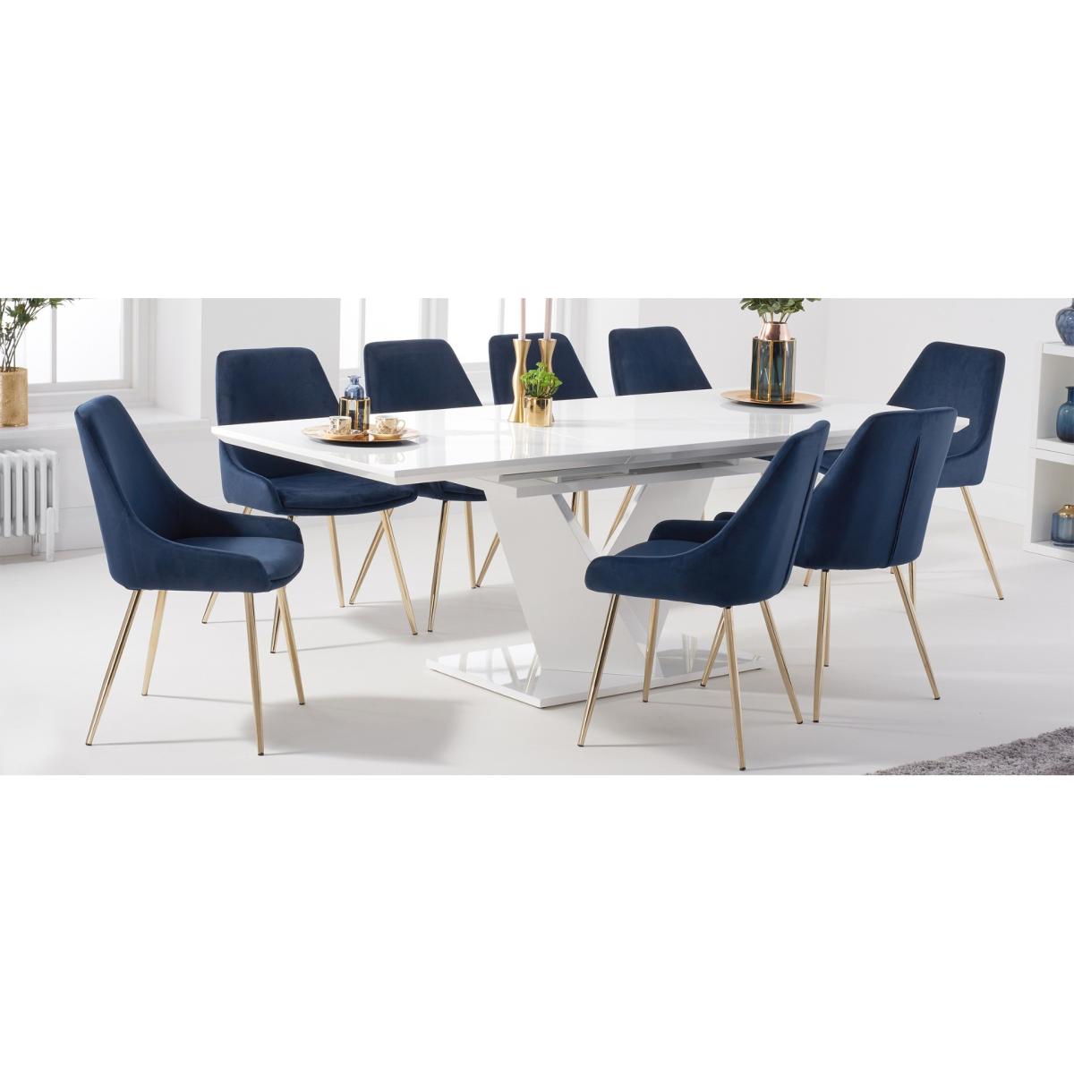 Vittorio 160cm White High Gloss Extending Dining Table With 8 Blue Lola Velvet Chairs – image 15