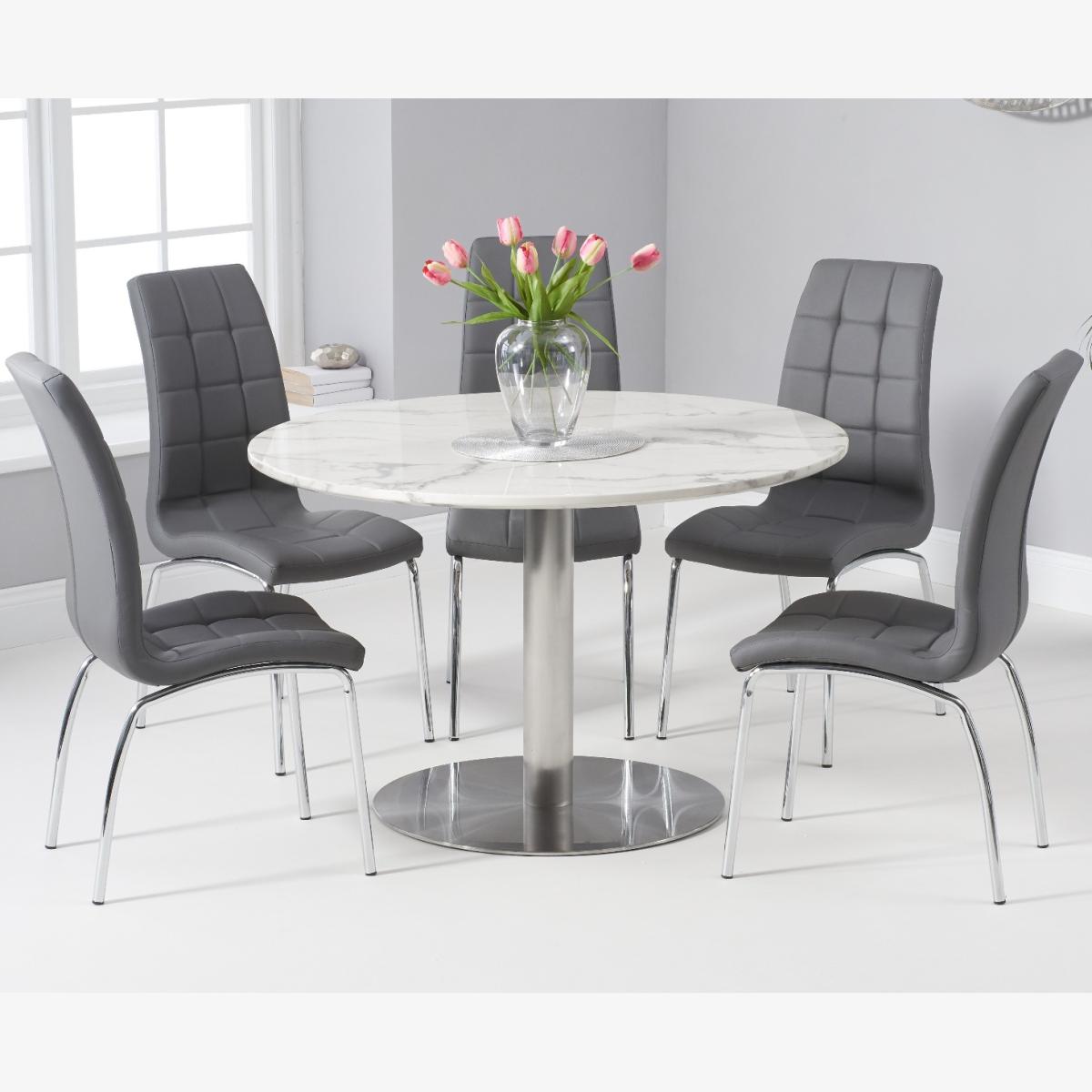 Bali 120cm Round White Marble Effect Dining Table With 2 Brown Calgary Dining Chairs