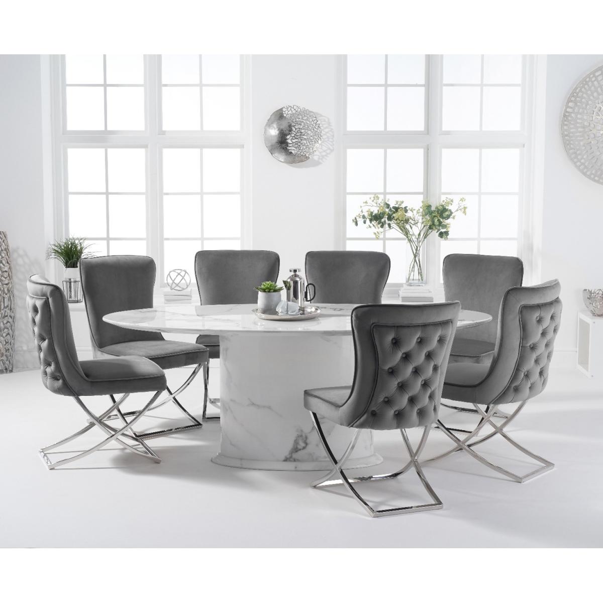 Colby 200cm Oval White Marble Dining Table with Giovanni Velvet Chairs - Blue, 6 Chairs – image 2