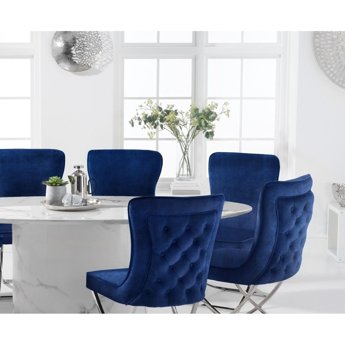 Colby 200cm Oval White Marble Dining Table with Giovanni Velvet Chairs - Blue, 6 Chairs – image 4