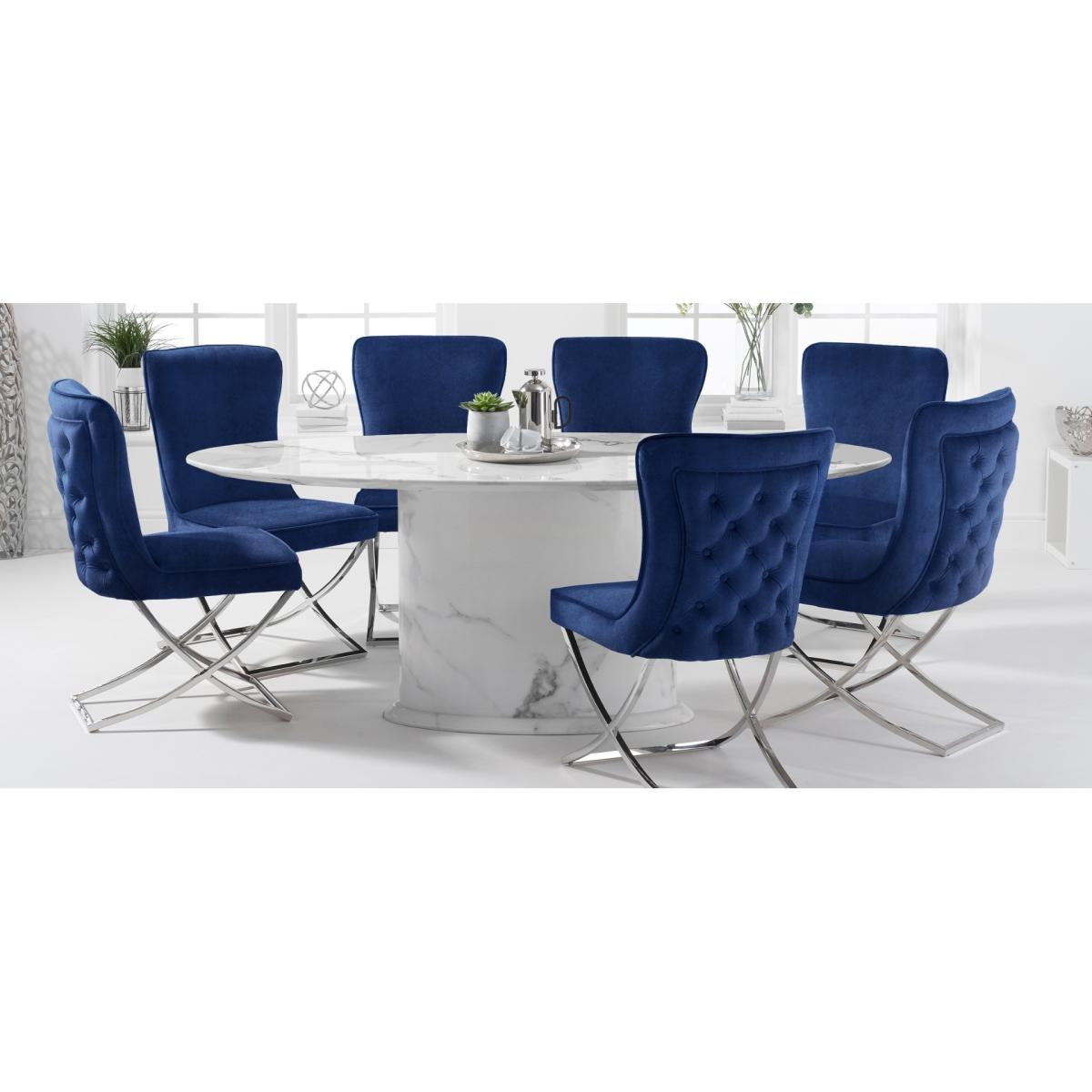 Colby 200cm Oval White Marble Dining Table with Giovanni Velvet Chairs - Blue, 6 Chairs – image 10