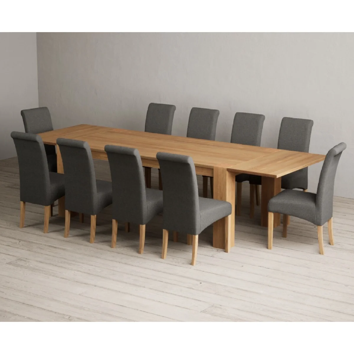 Sheringham 200cm Solid Oak Dining Table with Sheringham Oak Extensions (Pair) with 10 Charcoal Grey Scroll Back Chairs – image 2