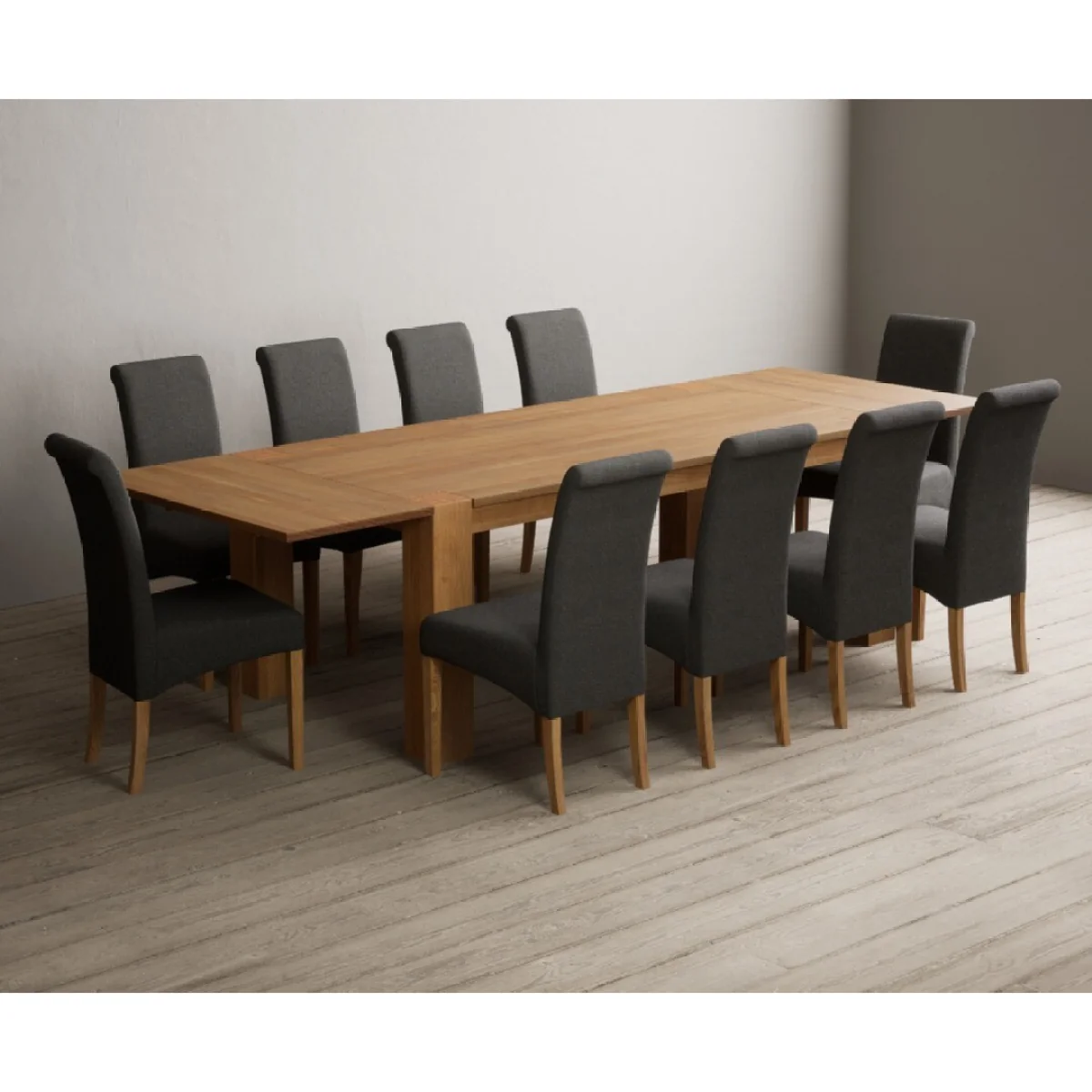 Sheringham 200cm Solid Oak Dining Table with Sheringham Oak Extensions (Pair) with 10 Charcoal Grey Scroll Back Chairs – image 3