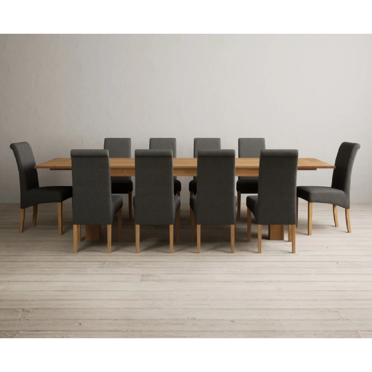 Sheringham 200cm Solid Oak Dining Table with Sheringham Oak Extensions (Pair) with 10 Charcoal Grey Scroll Back Chairs – image 4