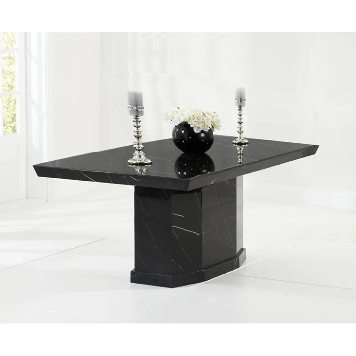 Carvelle 160cm Black Pedestal Marble Dining Table with 6 Grey Sienna Chairs – image 2