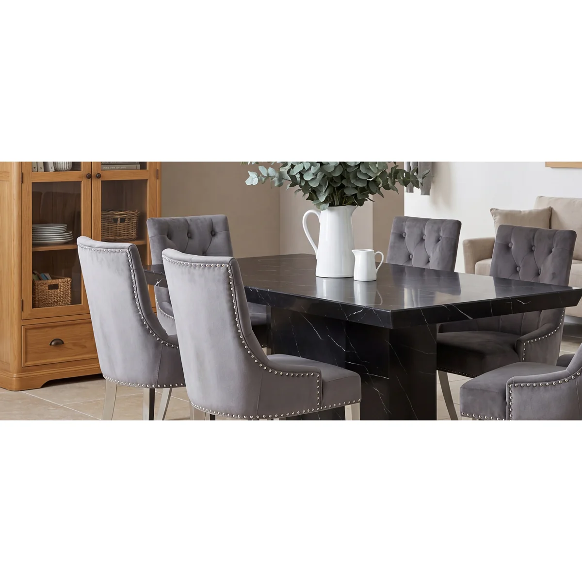Carvelle 160cm Black Pedestal Marble Dining Table with 6 Grey Sienna Chairs – image 5