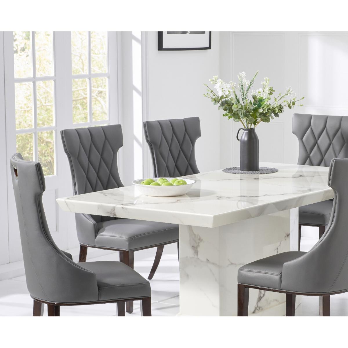 Carvelle 200cm White Pedestal Marble Dining Table With 10 Grey Sophia Chairs – image 2