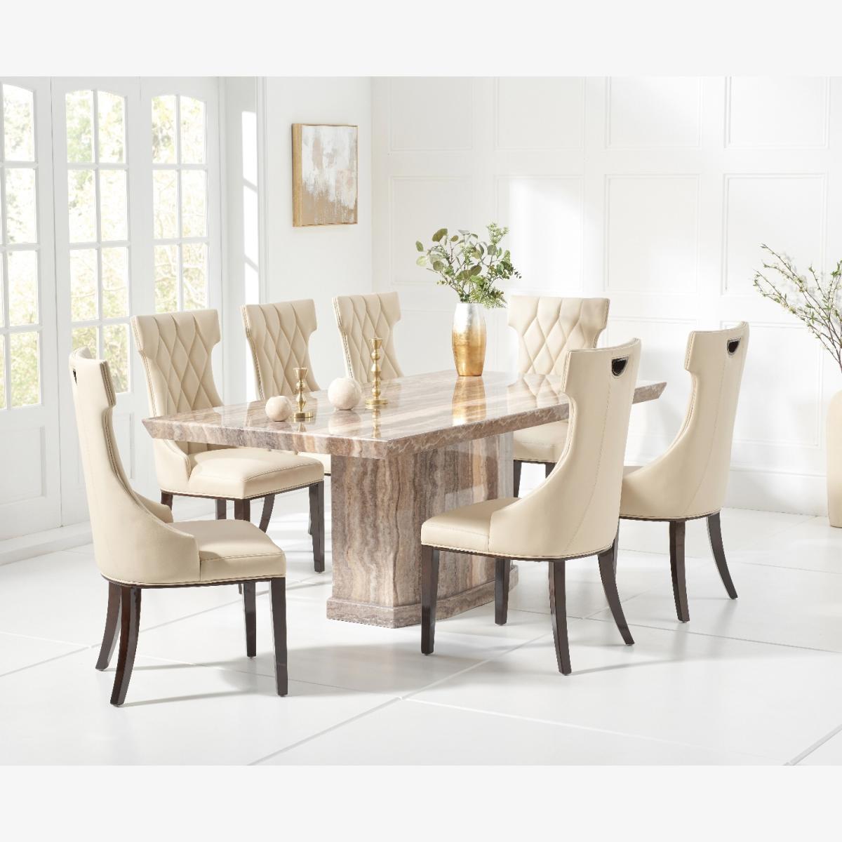 Carvelle 160cm Brown Pedestal Marble Dining Table With 6 Grey Sophia Chairs – image 1