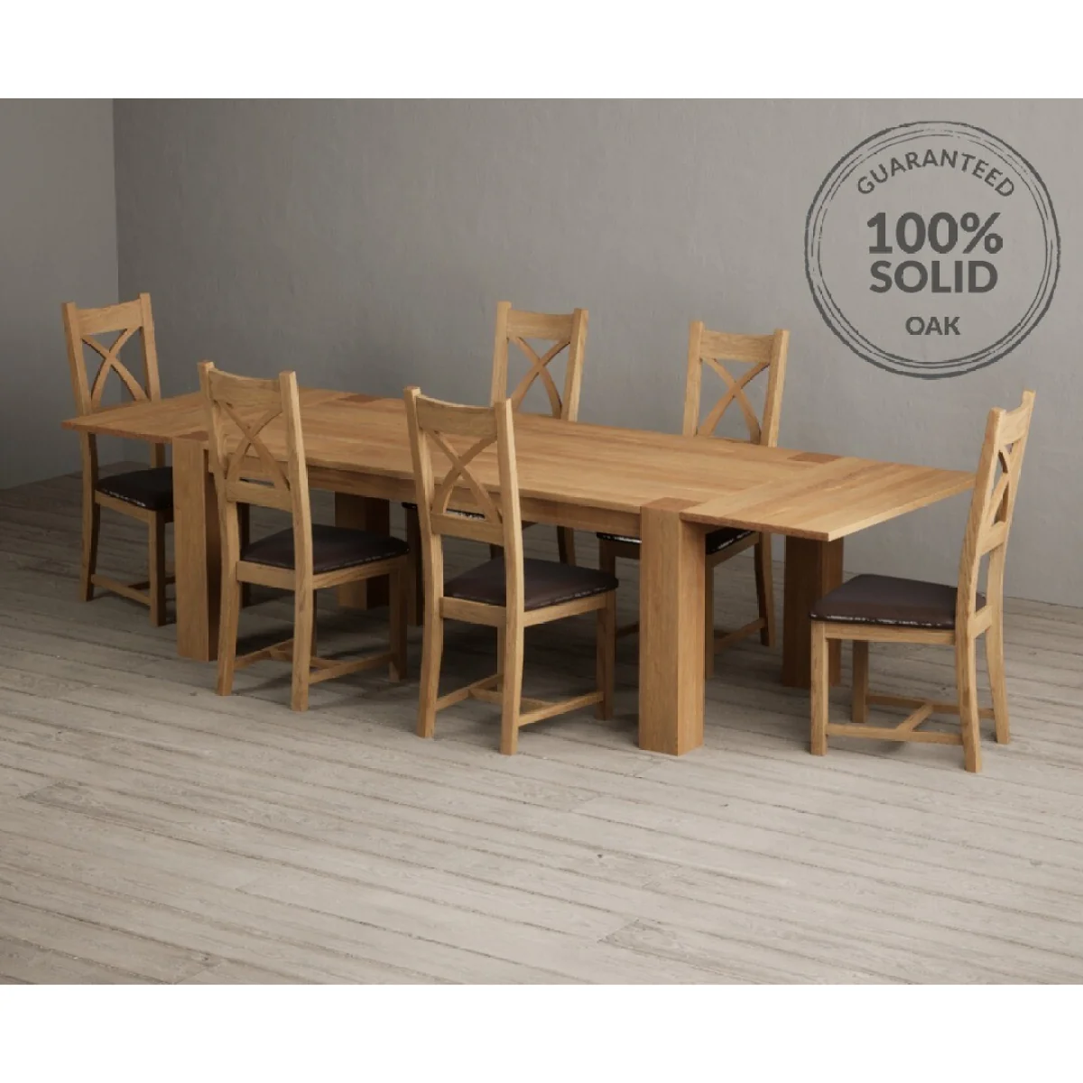 Sheringham 200cm Solid Oak Dining Table with Sheringham Oak Extensions (Pair) with 6 Brown Natural Solid Oak Chairs – image 5