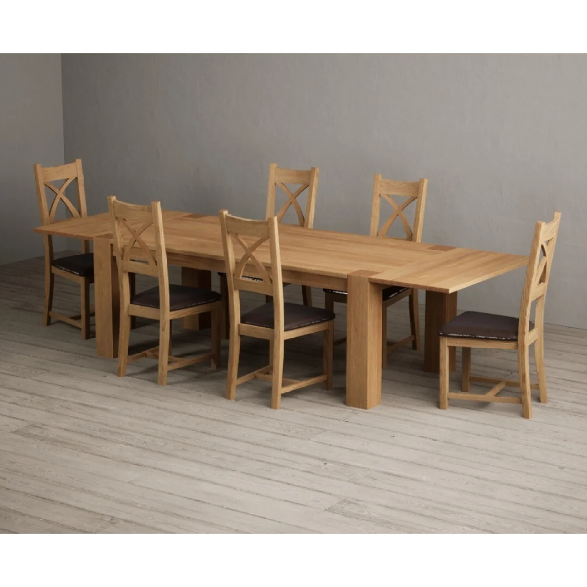 Sheringham 200cm Solid Oak Dining Table with Sheringham Oak Extensions (Pair) with 6 Brown Natural Solid Oak Chairs – image 6