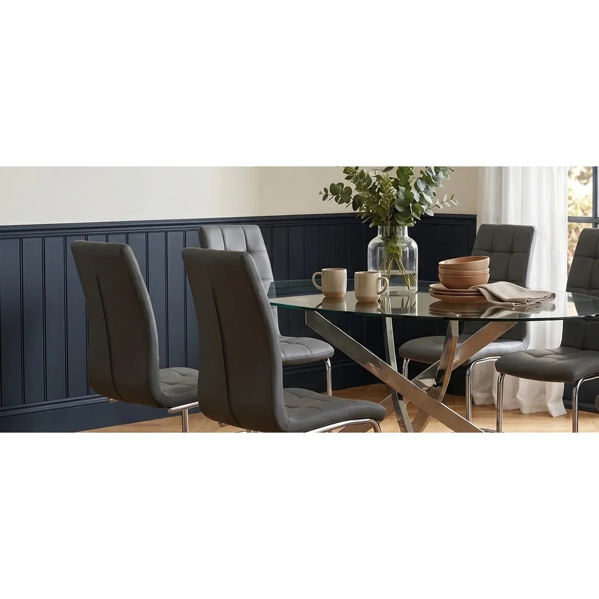 Bernini 165cm Oval Glass Dining Table with 6 Grey Vigo Chairs – image 5