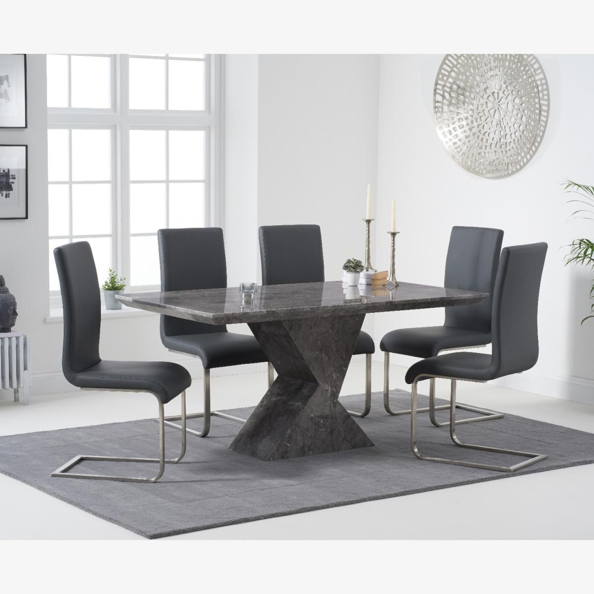 Aaron 160cm Grey Marble Dining Table With 4 White Malaga Dining Chairs