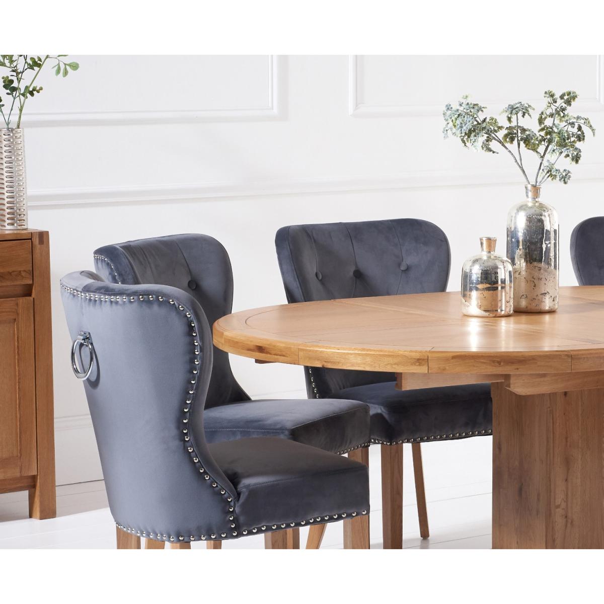 Hemsley Solid Oak Extending Pedestal Dining Table With 4 Grey Keswick Velvet Chairs – image 2