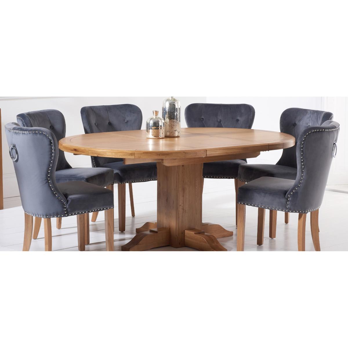 Hemsley Solid Oak Extending Pedestal Dining Table With 4 Grey Keswick Velvet Chairs – image 12