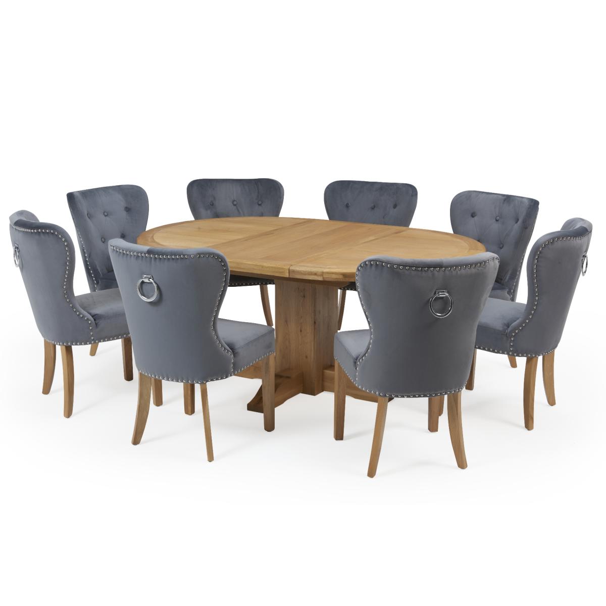 Hemsley Solid Oak Extending Pedestal Dining Table With 4 Grey Keswick Velvet Chairs – image 7