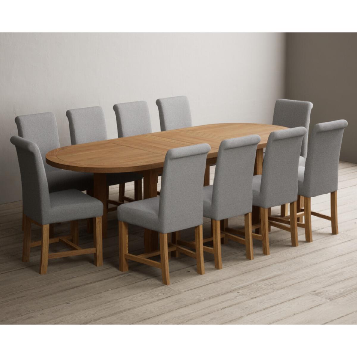 Extending Caversham Oak Oval Dining Table with 8 Grey Scroll Back Chairs – image 12