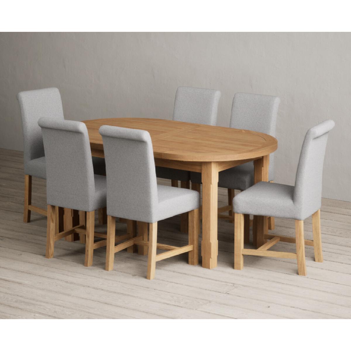Extending Caversham Oak Oval Dining Table with 8 Grey Scroll Back Chairs – image 13