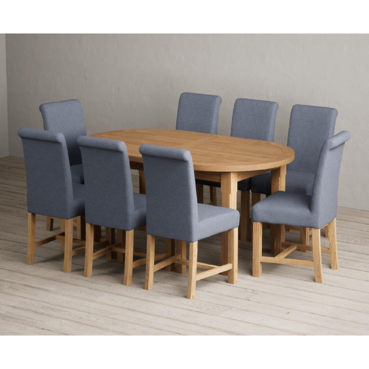 Extending Caversham Oak Oval Dining Table with 8 Grey Scroll Back Chairs – image 17