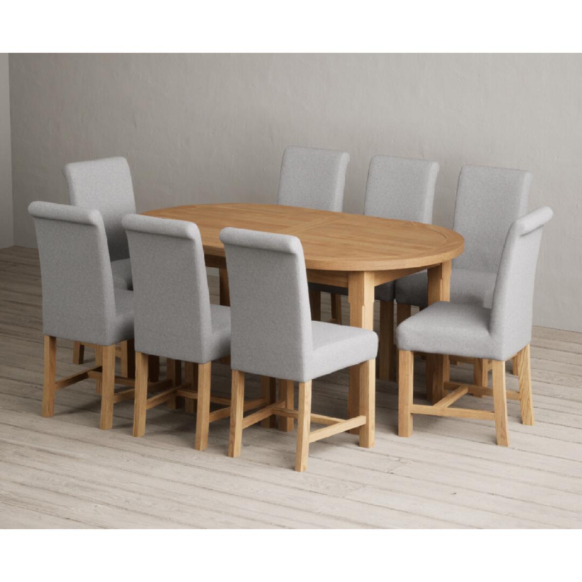 Extending Caversham Oak Oval Dining Table with 8 Grey Scroll Back Chairs – image 4