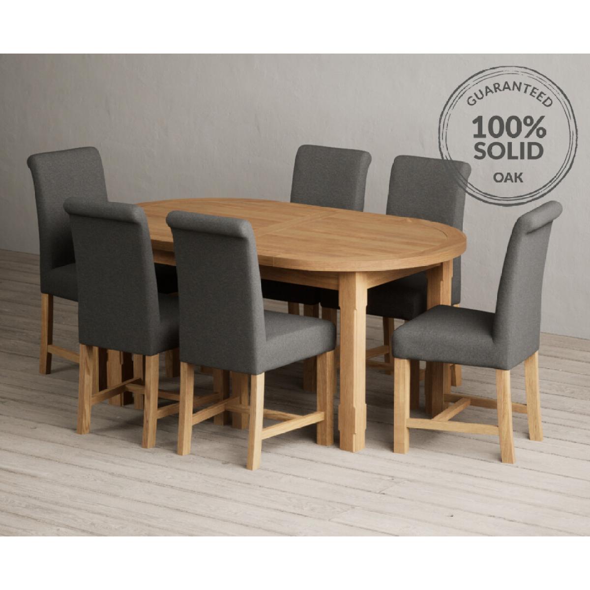 Extending Caversham Oak Oval Dining Table with 8 Grey Scroll Back Chairs – image 40