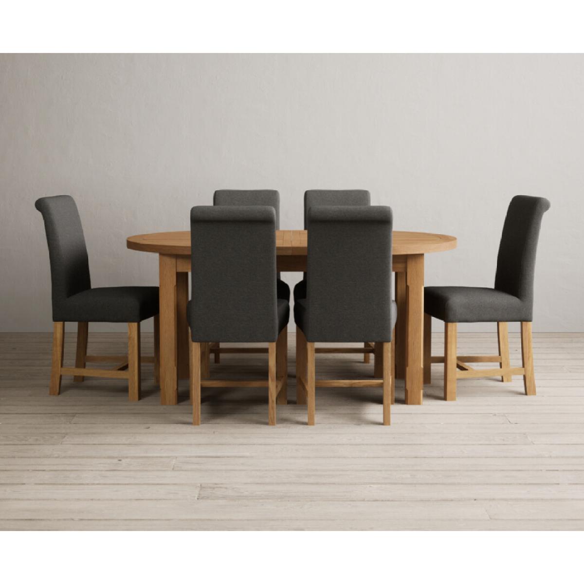 Extending Caversham Oak Oval Dining Table with 8 Grey Scroll Back Chairs – image 41