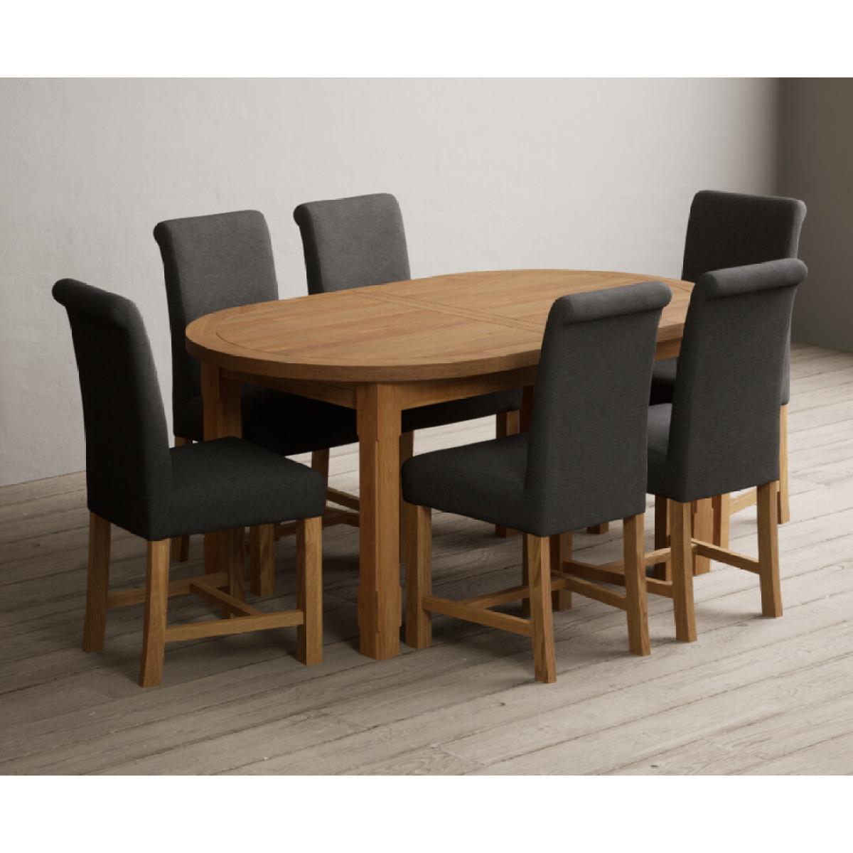 Extending Caversham Oak Oval Dining Table with 8 Grey Scroll Back Chairs – image 42