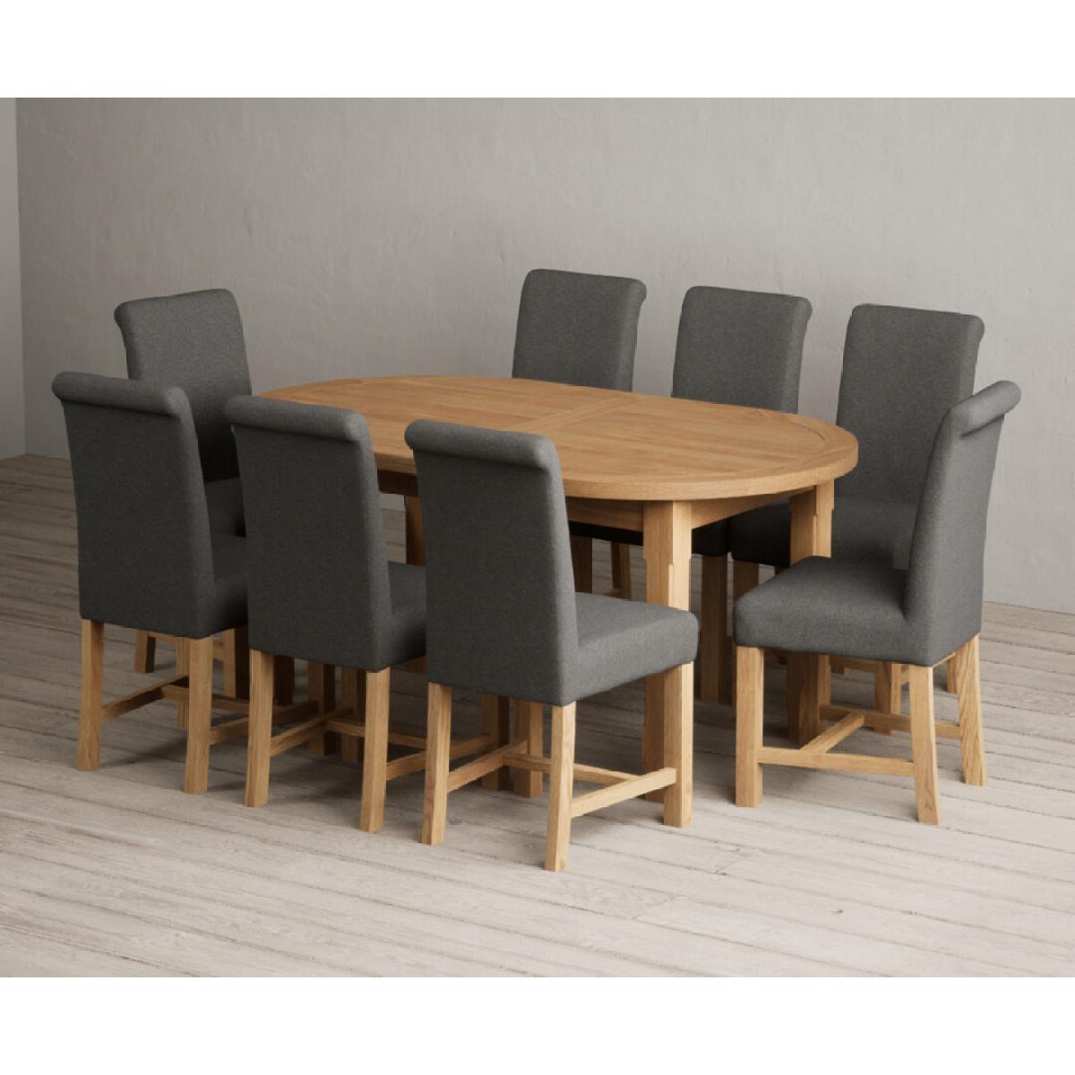 Extending Caversham Oak Oval Dining Table with 8 Grey Scroll Back Chairs – image 43