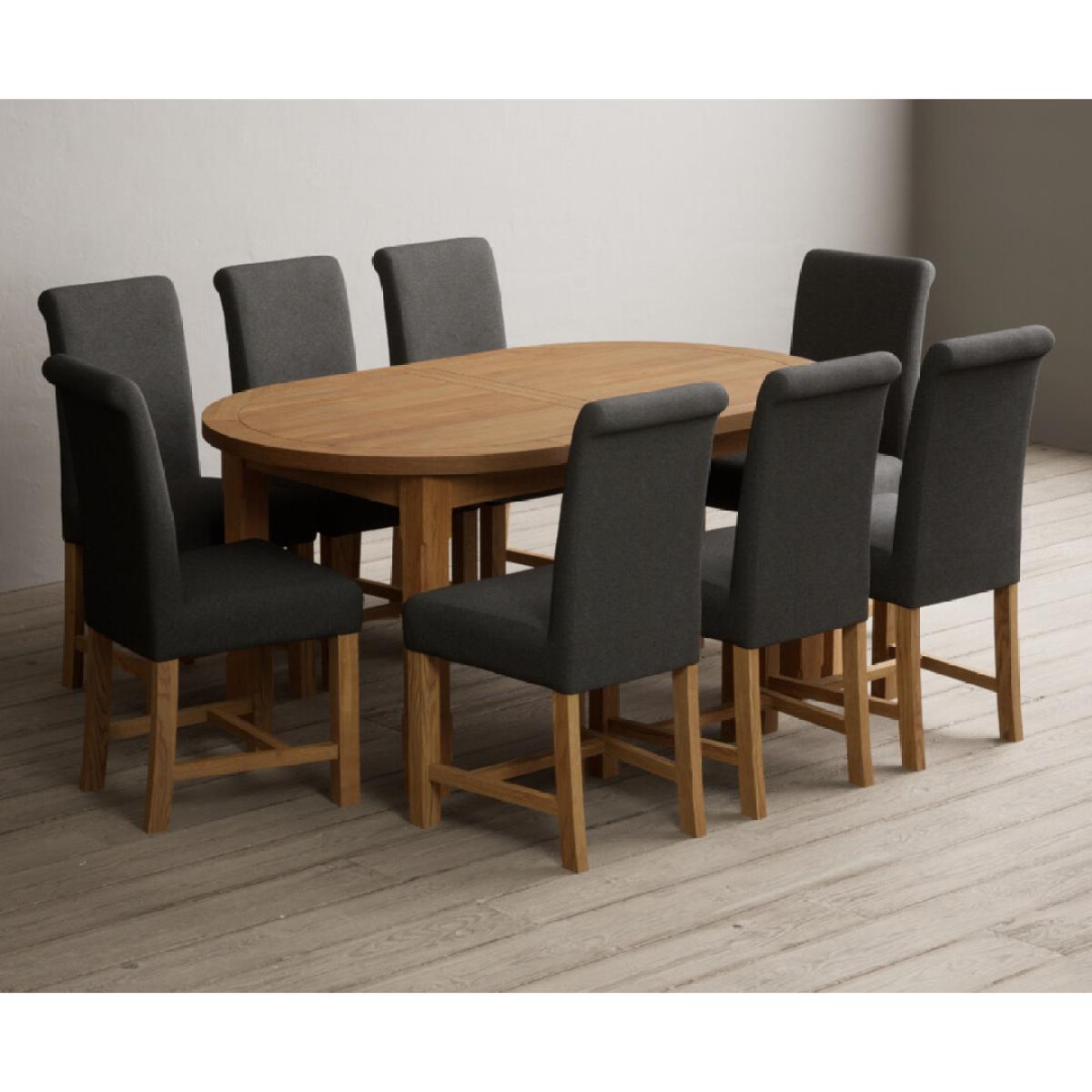 Extending Caversham Oak Oval Dining Table with 8 Grey Scroll Back Chairs – image 45