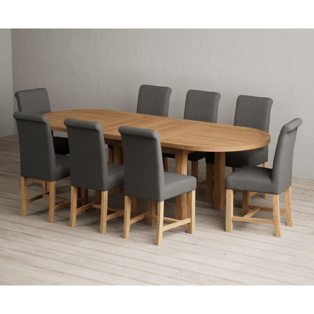 Extending Caversham Oak Oval Dining Table with 8 Grey Scroll Back Chairs – image 46