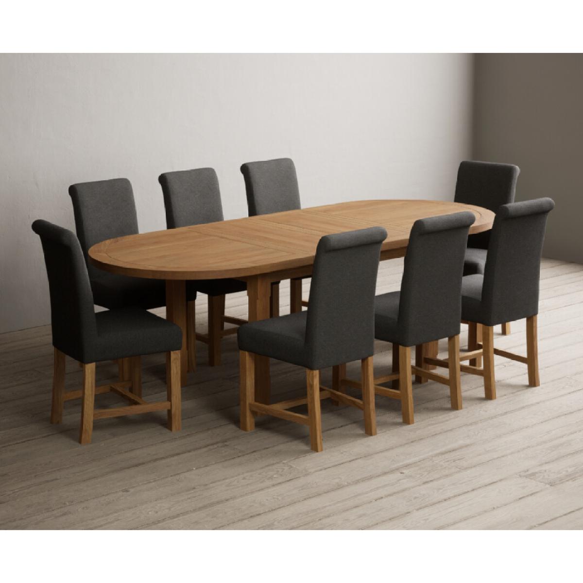Extending Caversham Oak Oval Dining Table with 8 Grey Scroll Back Chairs – image 48