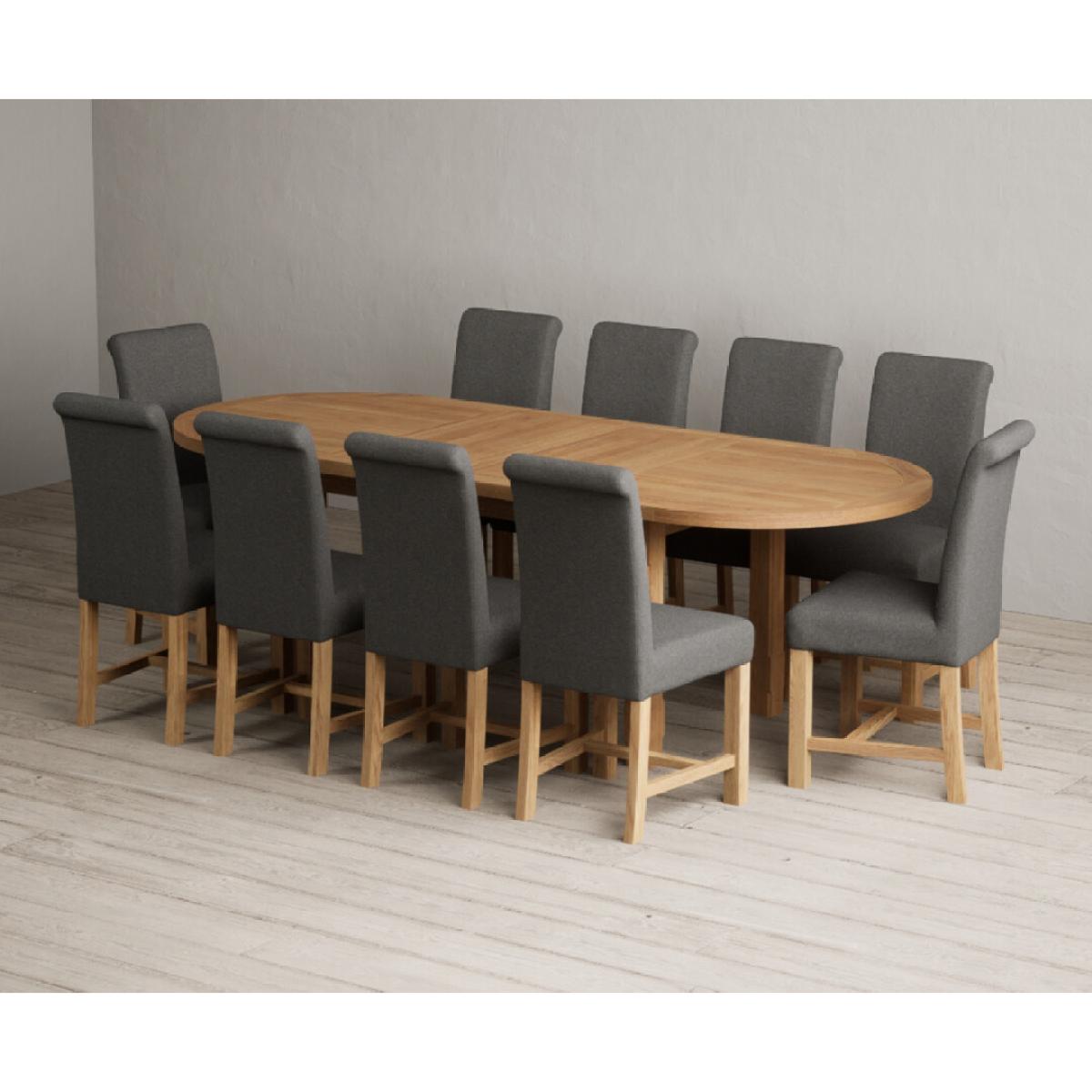 Extending Caversham Oak Oval Dining Table with 8 Grey Scroll Back Chairs – image 49