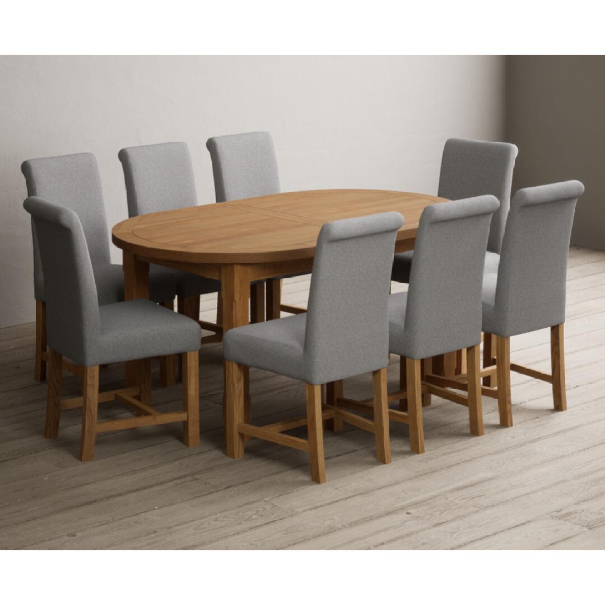 Extending Caversham Oak Oval Dining Table with 8 Grey Scroll Back Chairs – image 6