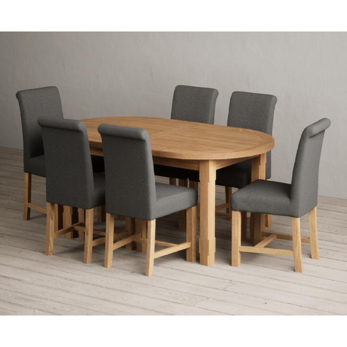Extending Caversham Oak Oval Dining Table with 8 Grey Scroll Back Chairs – image 52