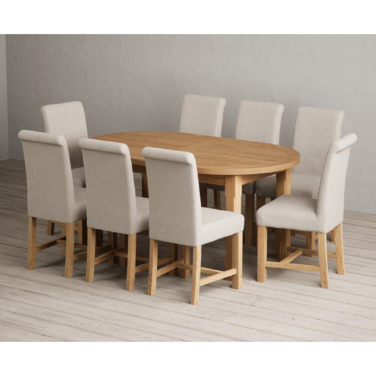 Extending Caversham Oak Oval Dining Table with 8 Grey Scroll Back Chairs – image 56