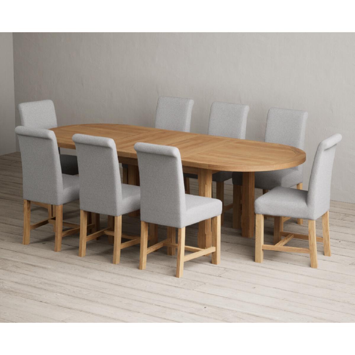 Extending Caversham Oak Oval Dining Table with 8 Grey Scroll Back Chairs – image 7