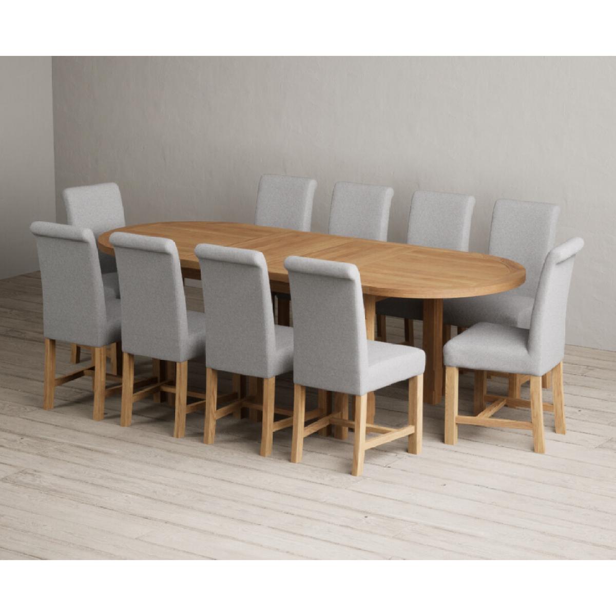 Extending Caversham Oak Oval Dining Table with 8 Grey Scroll Back Chairs – image 10
