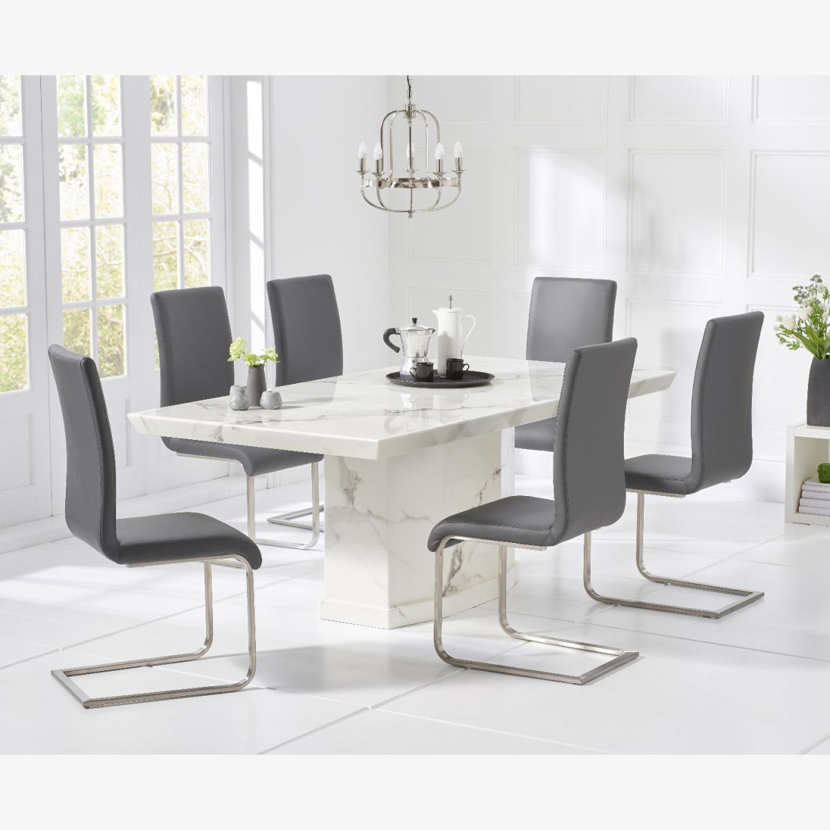 Carvelle 160cm White Pedestal Marble Dining Table With 4 Black Malaga Chairs