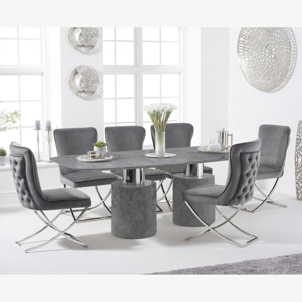Antonio 220cm Grey Marble Table With 10 Grey Lorenzo Velvet Chairs – image 1
