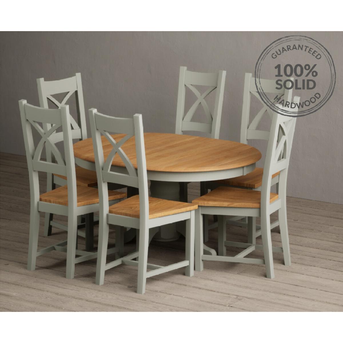 Extending Hertford 100cm - 130cm Oak and Soft Green Painted Pedestal Dining Table with 4 Blue Chairs – image 2