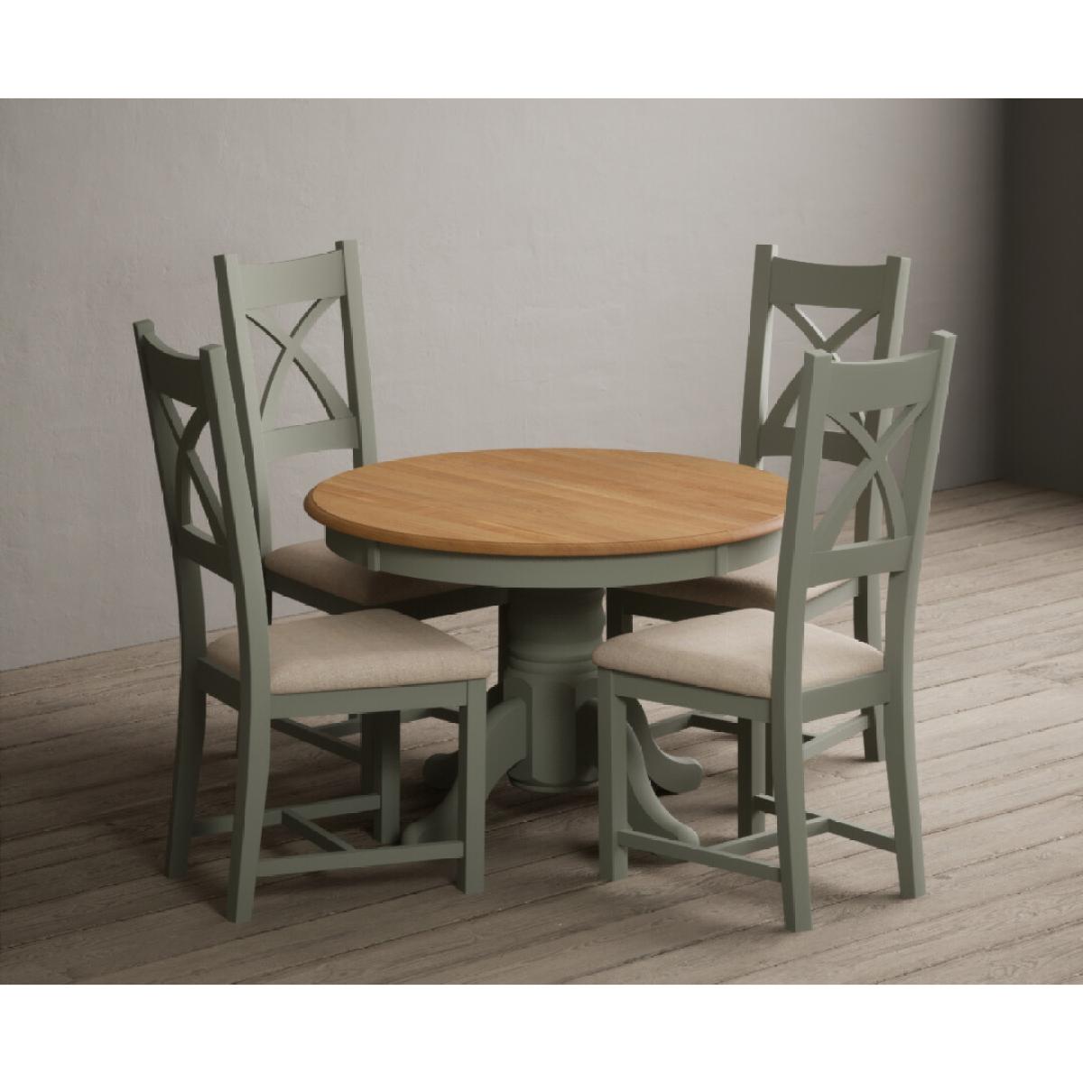 Extending Hertford 100cm - 130cm Oak and Soft Green Painted Pedestal Dining Table with 4 Blue Chairs – image 17