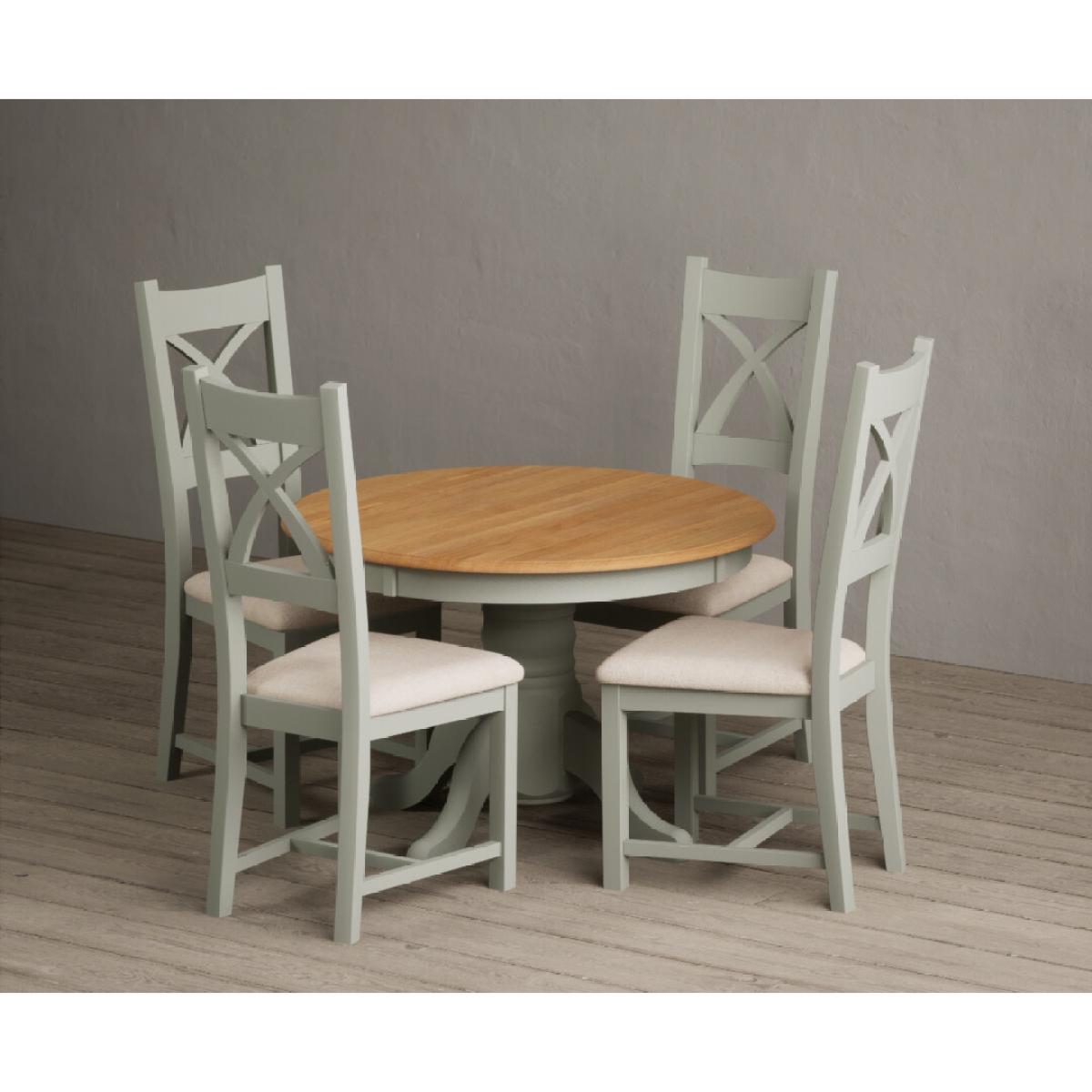 Extending Hertford 100cm - 130cm Oak and Soft Green Painted Pedestal Dining Table with 4 Blue Chairs – image 18