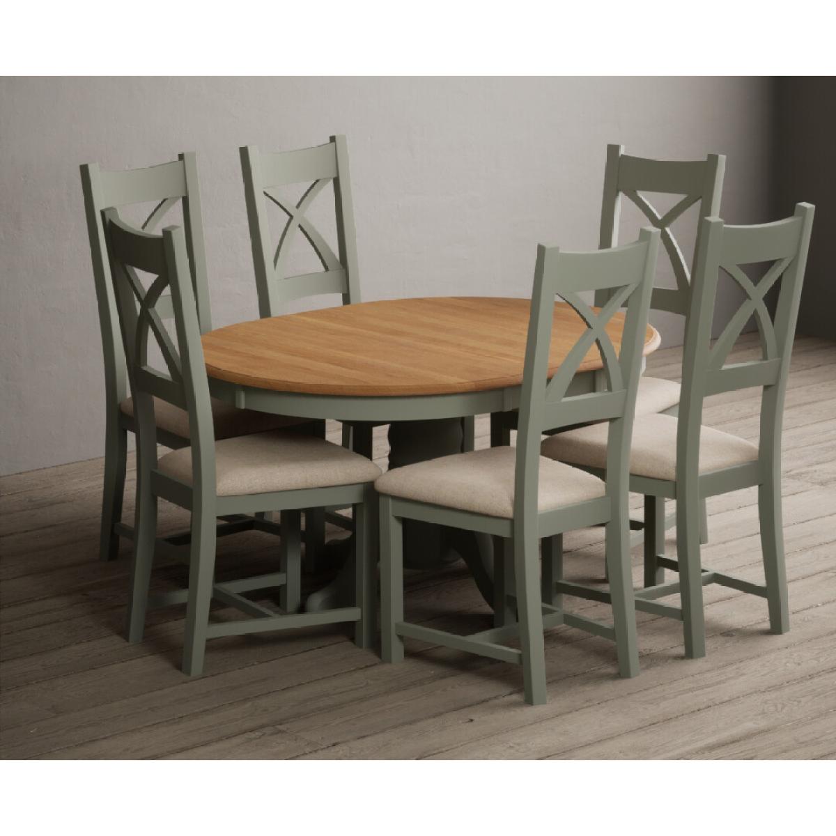 Extending Hertford 100cm - 130cm Oak and Soft Green Painted Pedestal Dining Table with 4 Blue Chairs – image 22