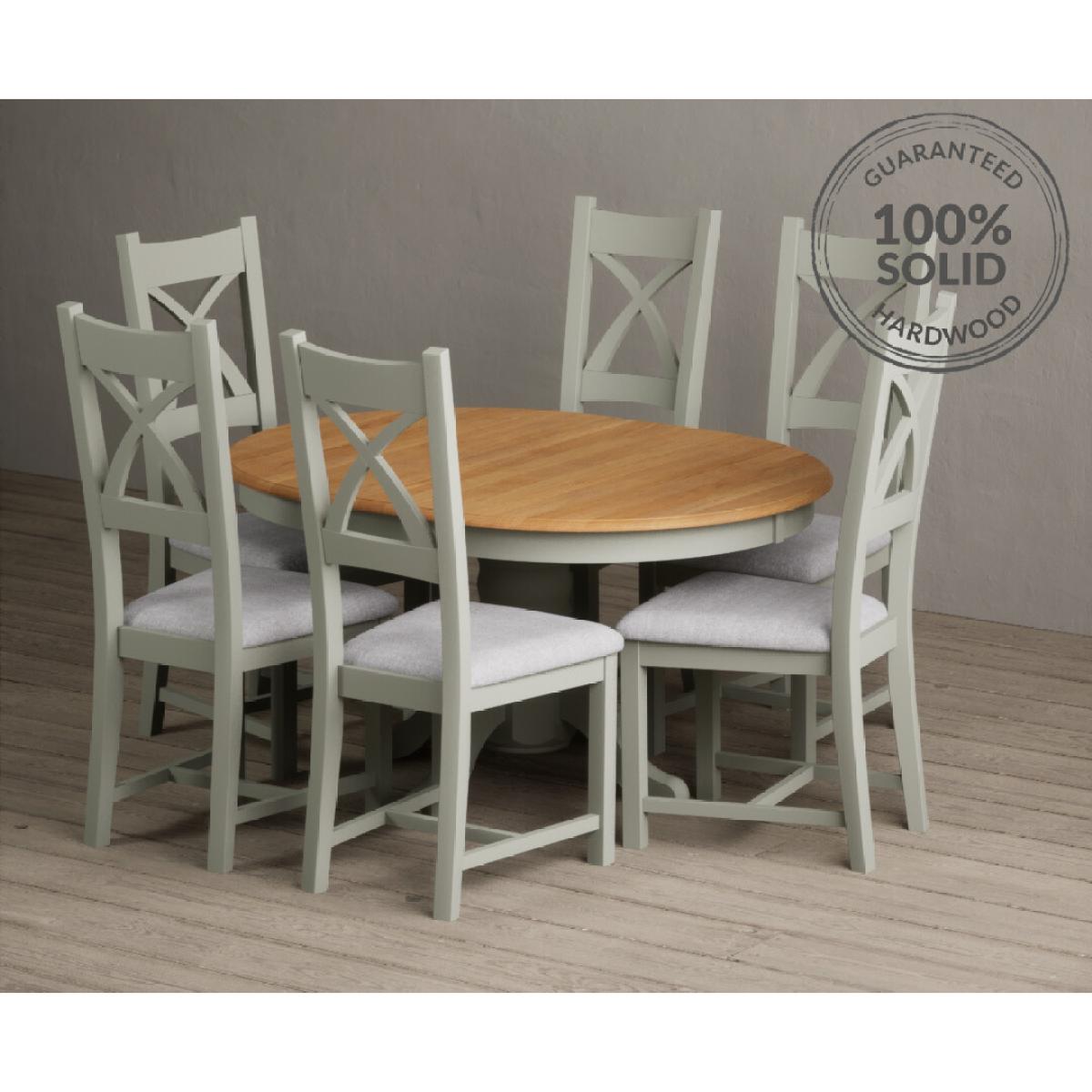 Extending Hertford 100cm - 130cm Oak and Soft Green Painted Pedestal Dining Table with 4 Blue Chairs – image 25