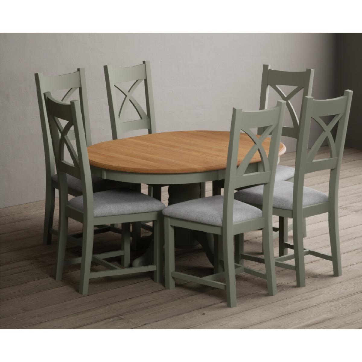 Extending Hertford 100cm - 130cm Oak and Soft Green Painted Pedestal Dining Table with 4 Blue Chairs – image 35