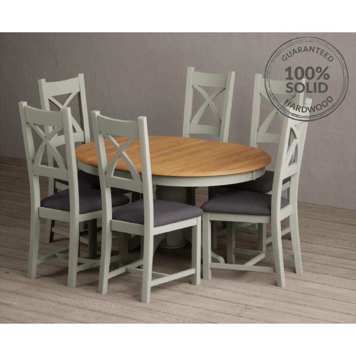Extending Hertford 100cm - 130cm Oak and Soft Green Painted Pedestal Dining Table with 4 Blue Chairs – image 37
