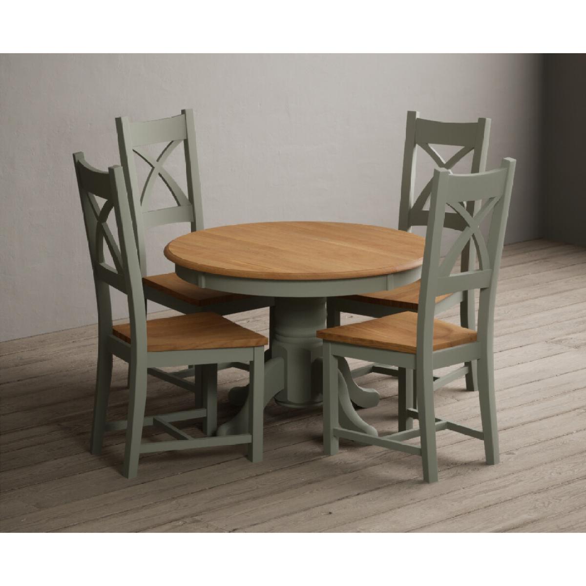 Extending Hertford 100cm - 130cm Oak and Soft Green Painted Pedestal Dining Table with 4 Blue Chairs – image 6