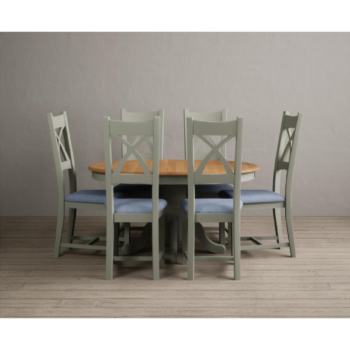 Extending Hertford 100cm - 130cm Oak and Soft Green Painted Pedestal Dining Table with 4 Blue Chairs – image 54